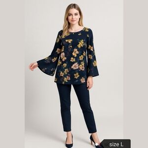Nina Leonard navy blue floral Jersey top with flare sleeves size L